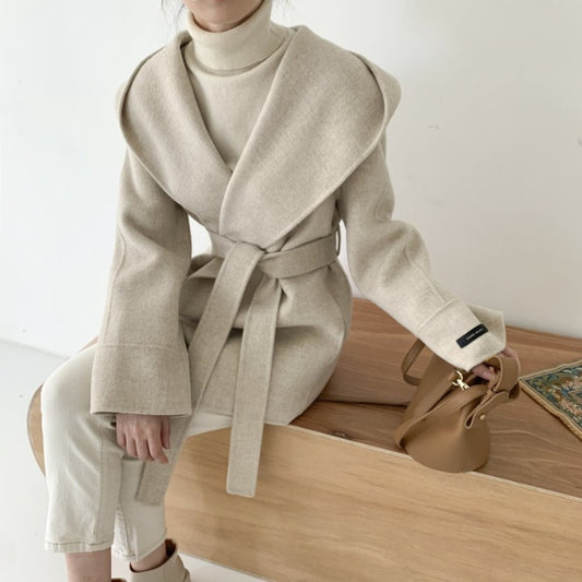 Cardigan hooded mid-length woolen coat