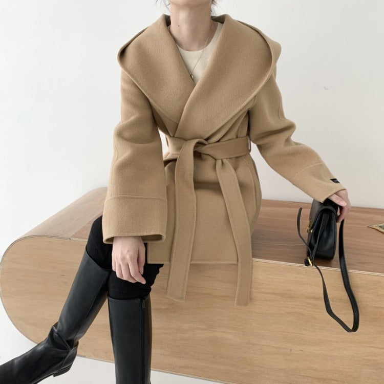 Cardigan hooded mid-length woolen coat