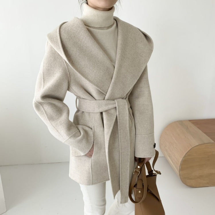 Cardigan hooded mid-length woolen coat