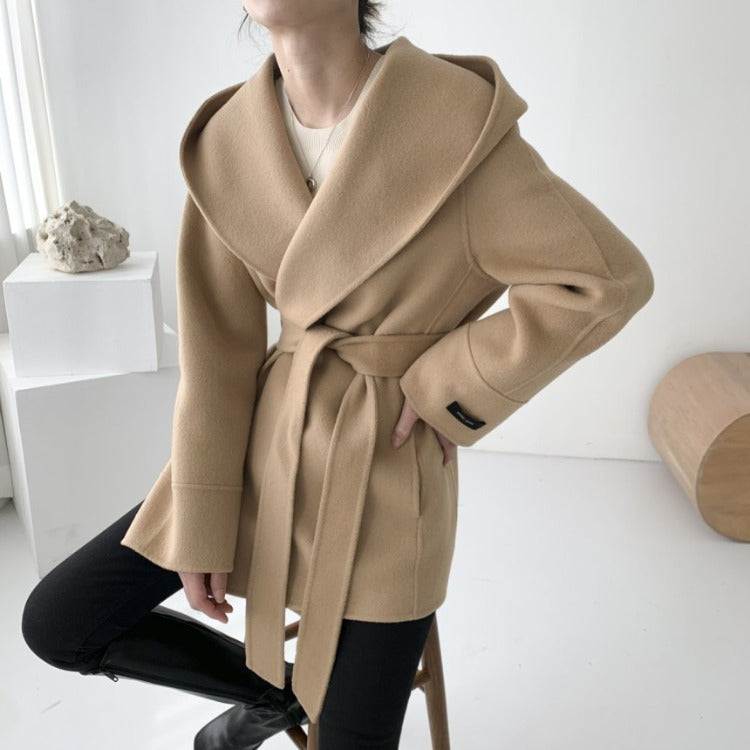 Cardigan hooded mid-length woolen coat